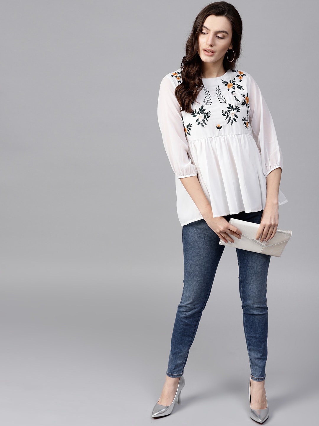 White Floral Embroidered Sheer Top – Pannkh