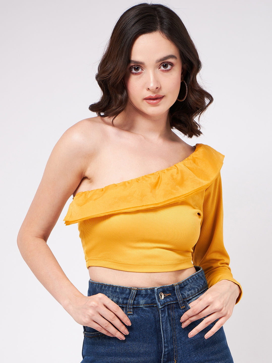 Solid One Shoulder Crop Top With Organza Ruffles Pannkh