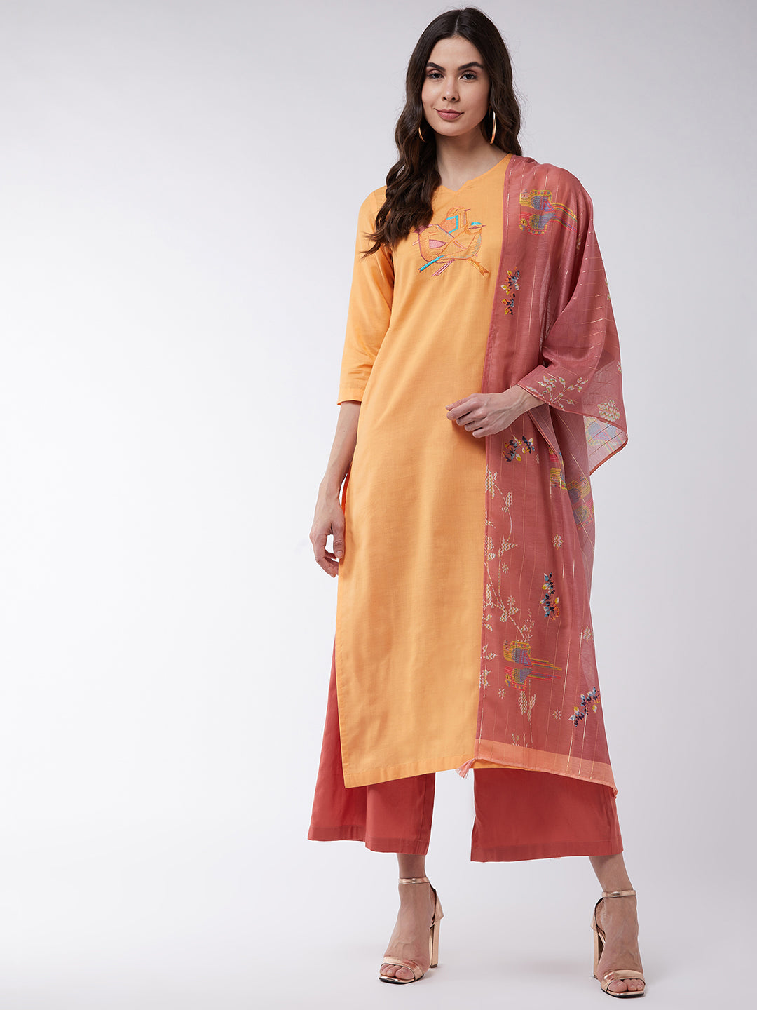 Buy Women Light Orange Cotton Straight Kurti with Pant (Medium) at Amazon.in