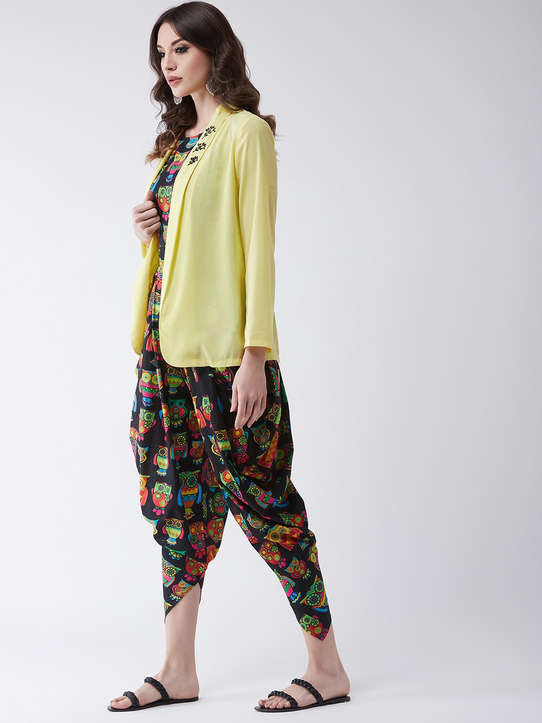 Quirky Owl Printed Jumpsuit with Embroidered Shrug – Pannkh